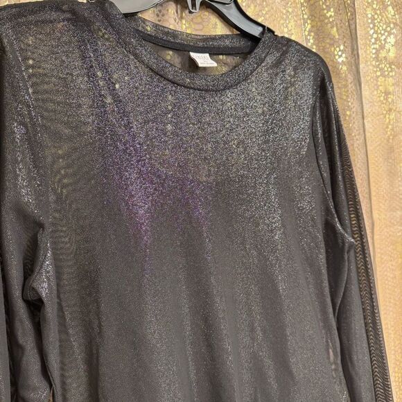 Tinsel Town Black Iridescent Shimmer Mock Neck Metallic Sheer Long Sleeve Top XL - Picture 3 of 6